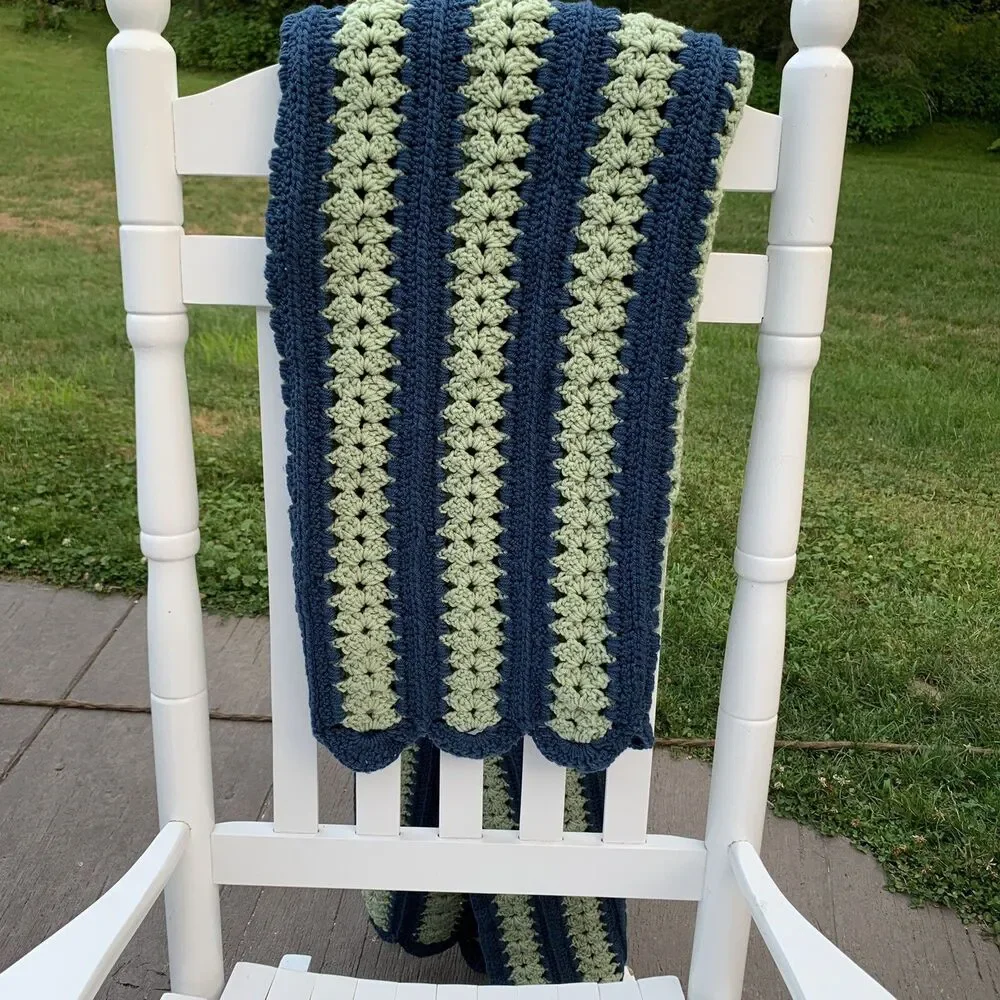 Vintage Crocheted Afghan Blanket Navy Blue Muted Green 65” x 46” Rounded Ends